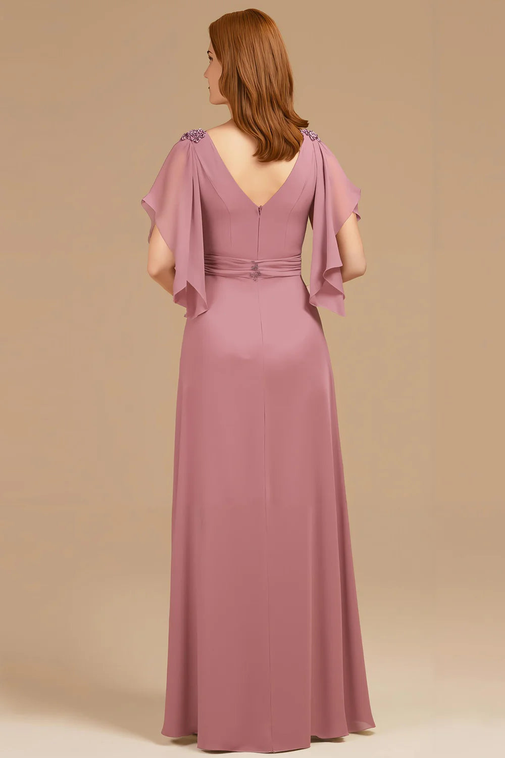 A Line V-Neck Flutter Sleeve Zipper Up Floor-Length Mother of the Bride Dress