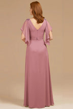 A Line V-Neck Flutter Sleeve Zipper Up Floor-Length Mother of the Bride Dress