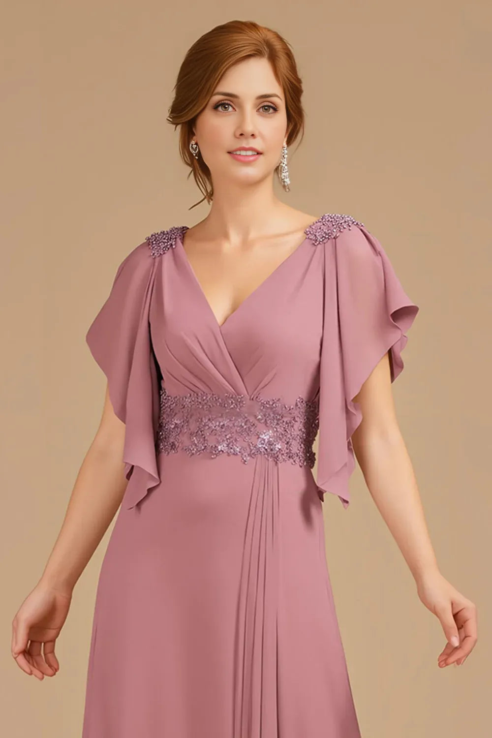 A Line V-Neck Flutter Sleeve Zipper Up Floor-Length Mother of the Bride Dress