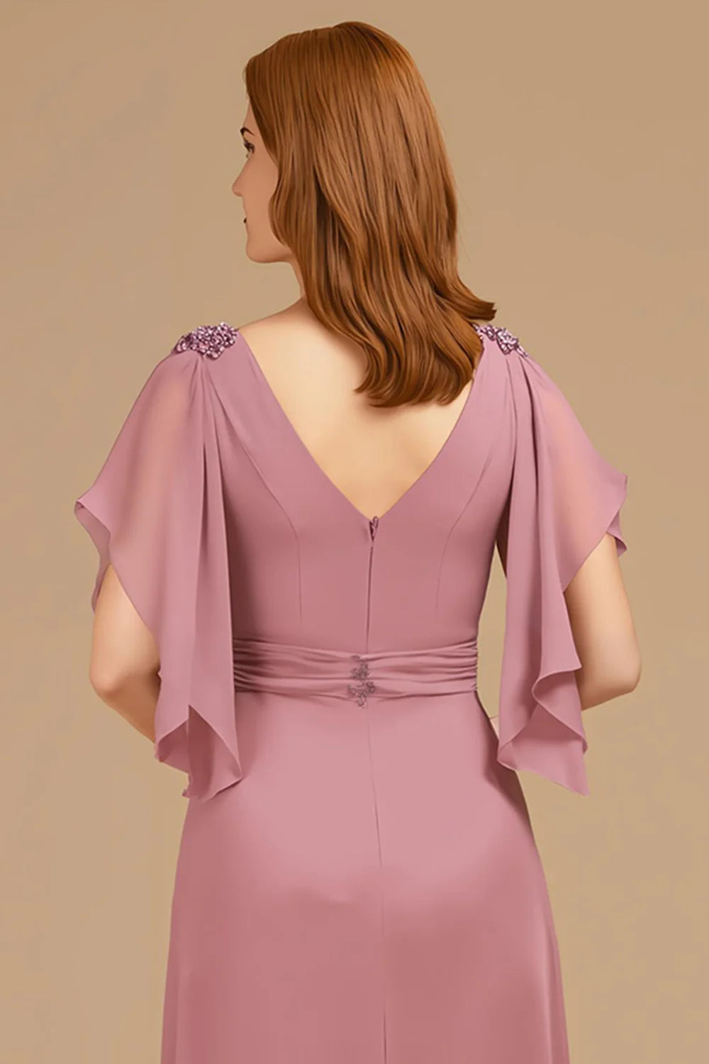 A Line V-Neck Flutter Sleeve Zipper Up Floor-Length Mother of the Bride Dress