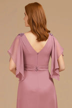 A Line V-Neck Flutter Sleeve Zipper Up Floor-Length Mother of the Bride Dress