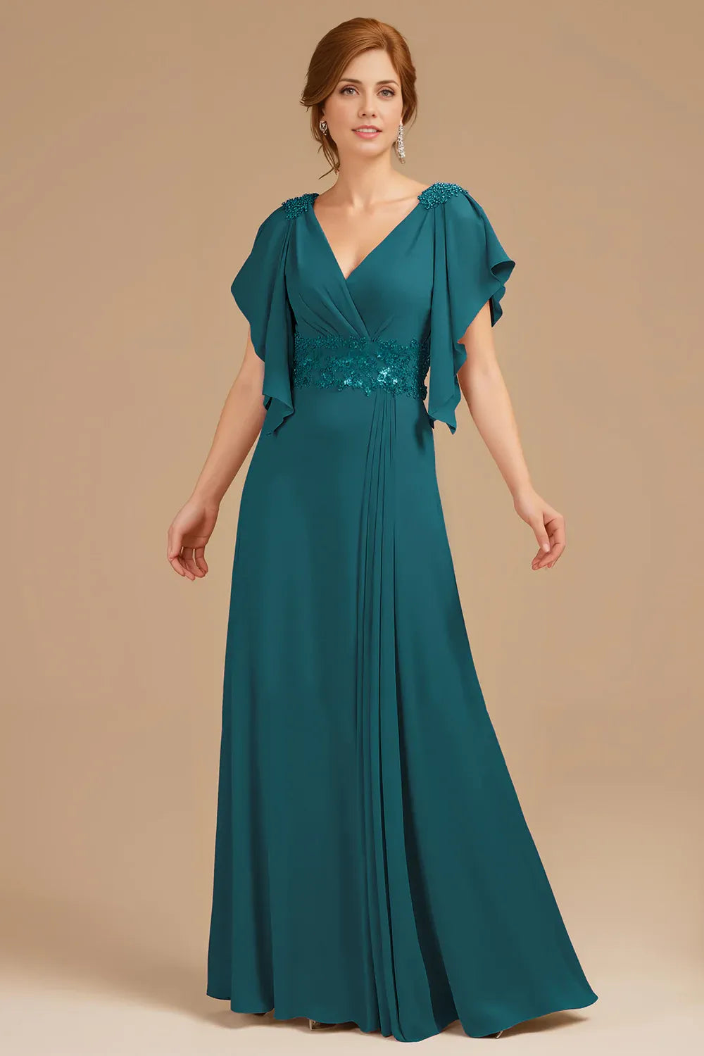 A Line V-Neck Flutter Sleeve Zipper Up Floor-Length Mother of the Bride Dress