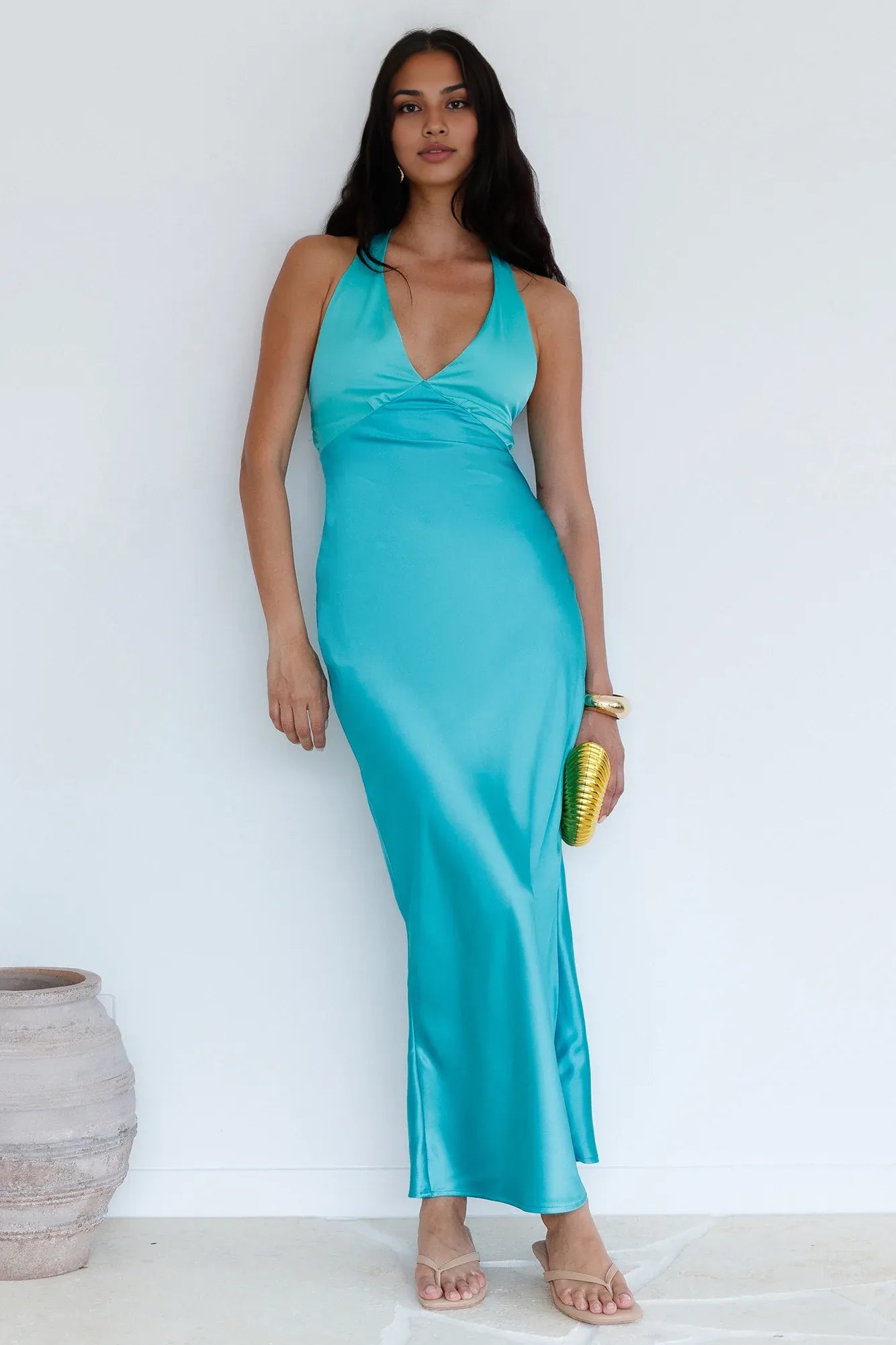Bias-cut V Neck Sleeveless Backless Ankle-Length Cocktail Dress