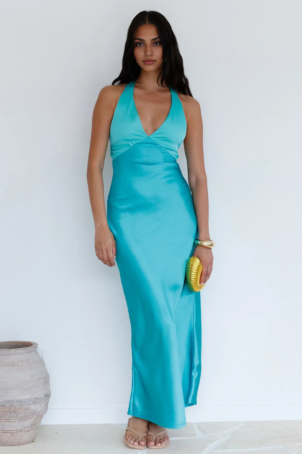 Bias-cut V Neck Sleeveless Backless Ankle-Length Cocktail Dress