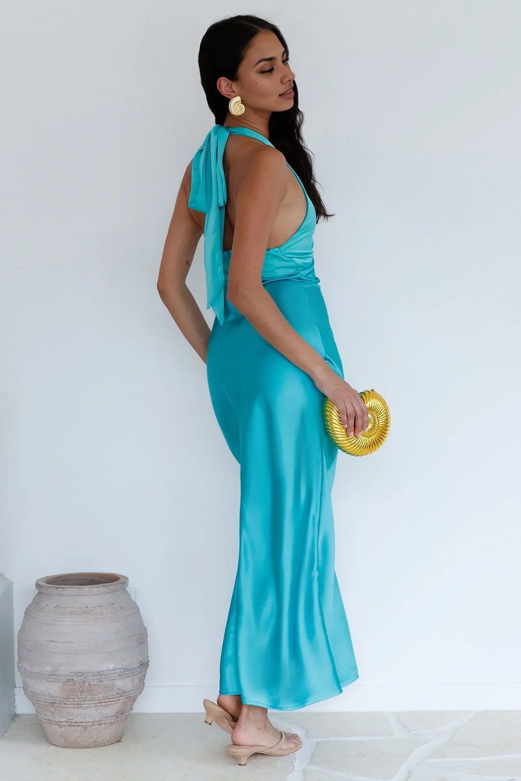 Bias-cut V Neck Sleeveless Backless Ankle-Length Cocktail Dress