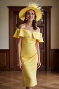 Bodycon Off the Shoulder Dropped Shoulder Sleeves Zipper Up Tea-Length Mother of the Bride Dress
