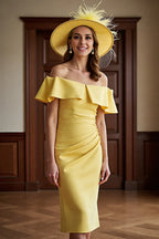 Bodycon Off the Shoulder Dropped Shoulder Sleeves Zipper Up Tea-Length Mother of the Bride Dress