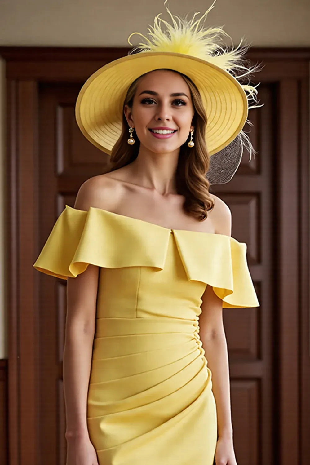 Bodycon Off the Shoulder Dropped Shoulder Sleeves Zipper Up Tea-Length Mother of the Bride Dress