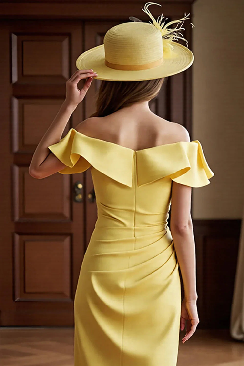 Bodycon Off the Shoulder Dropped Shoulder Sleeves Zipper Up Tea-Length Mother of the Bride Dress