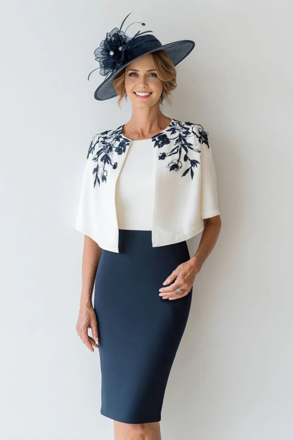 Bodycon Scoop-Neck Cape Sleeves Full Coverage Tea-Length Mother of the Bride Dress