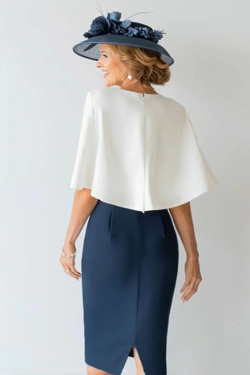 Bodycon Scoop-Neck Cape Sleeves Full Coverage Tea-Length Mother of the Bride Dress