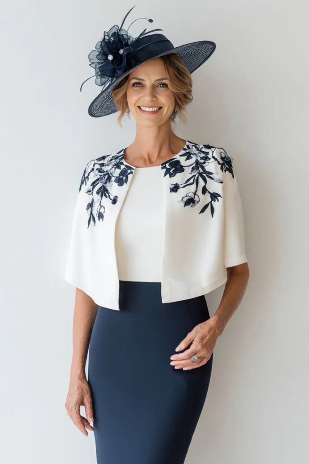 Bodycon Scoop-Neck Cape Sleeves Full Coverage Tea-Length Mother of the Bride Dress