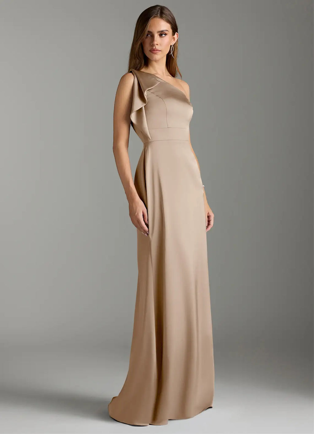 Chic Champagne Satin Bridesmaid Dresses with One-Shoulder Ruffle, Slim Fit and Floor-Length Silhouette