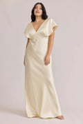 Column V Neck Flutter Sleeve V Back Floor-Length Prom Dress