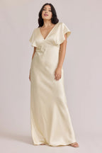 Column V Neck Flutter Sleeve V Back Floor-Length Prom Dress