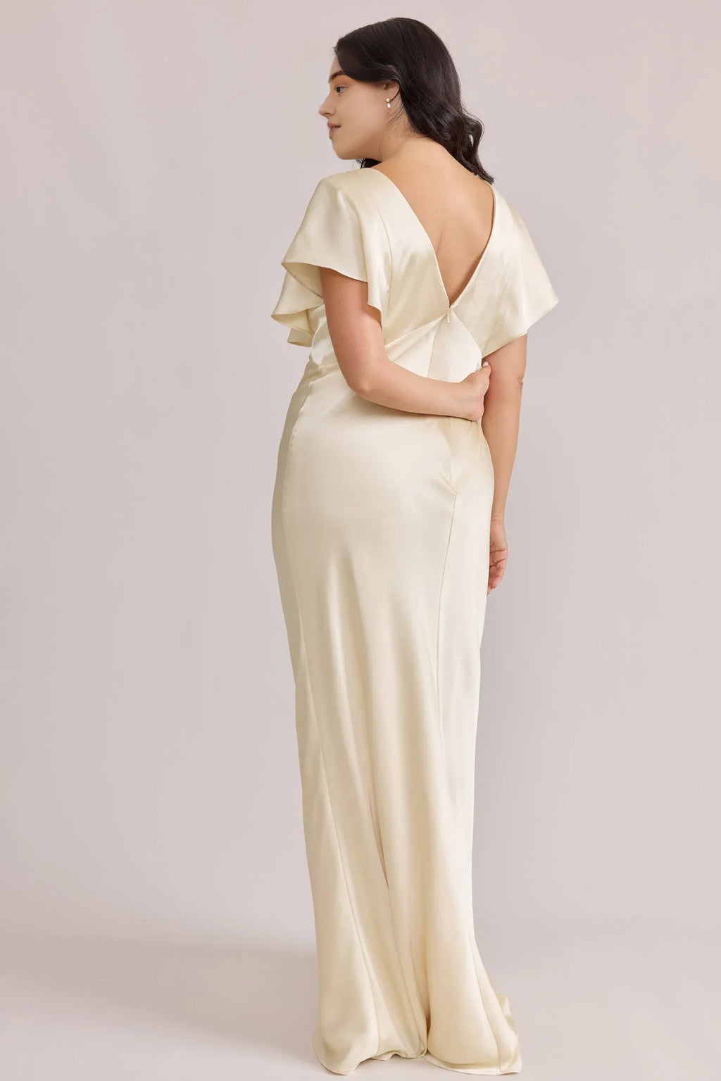 Column V Neck Flutter Sleeve V Back Floor-Length Prom Dress