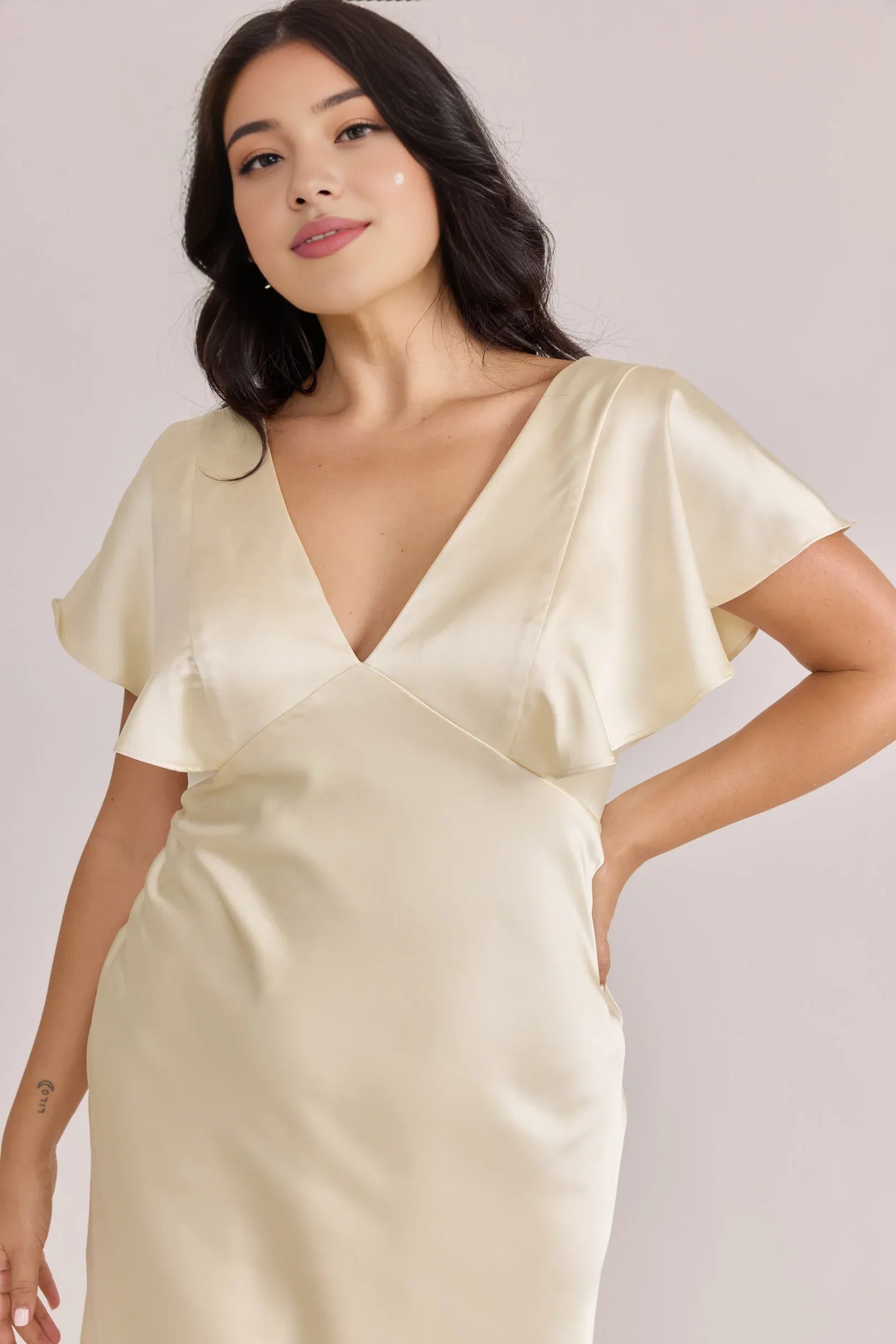 Column V Neck Flutter Sleeve V Back Floor-Length Prom Dress