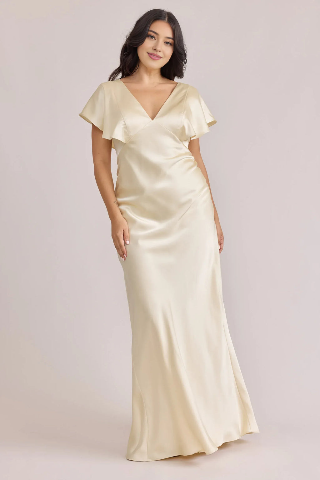 Column V Neck Flutter Sleeve V Back Floor-Length Prom Dress