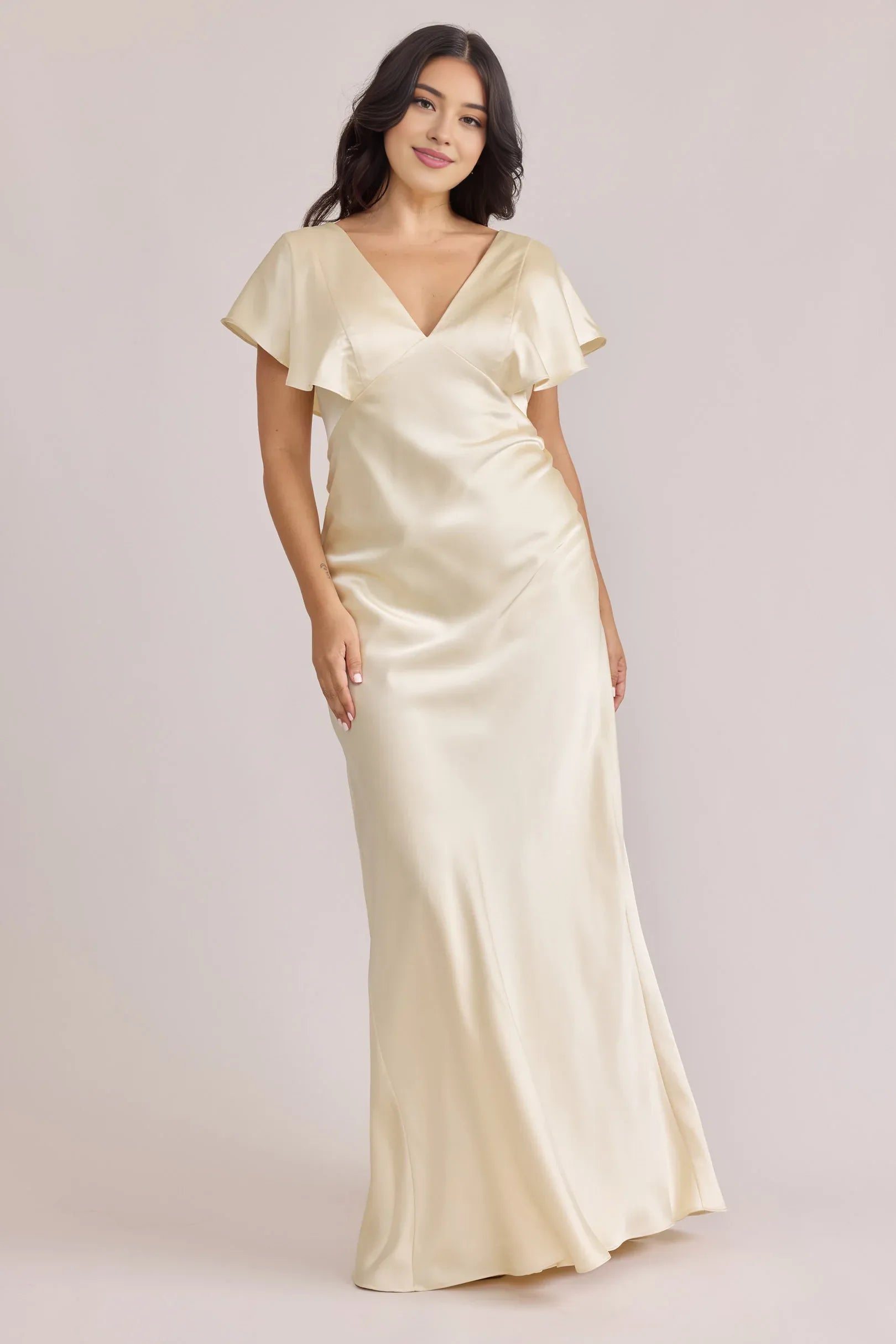 Column V Neck Flutter Sleeve V Back Floor-Length Prom Dress