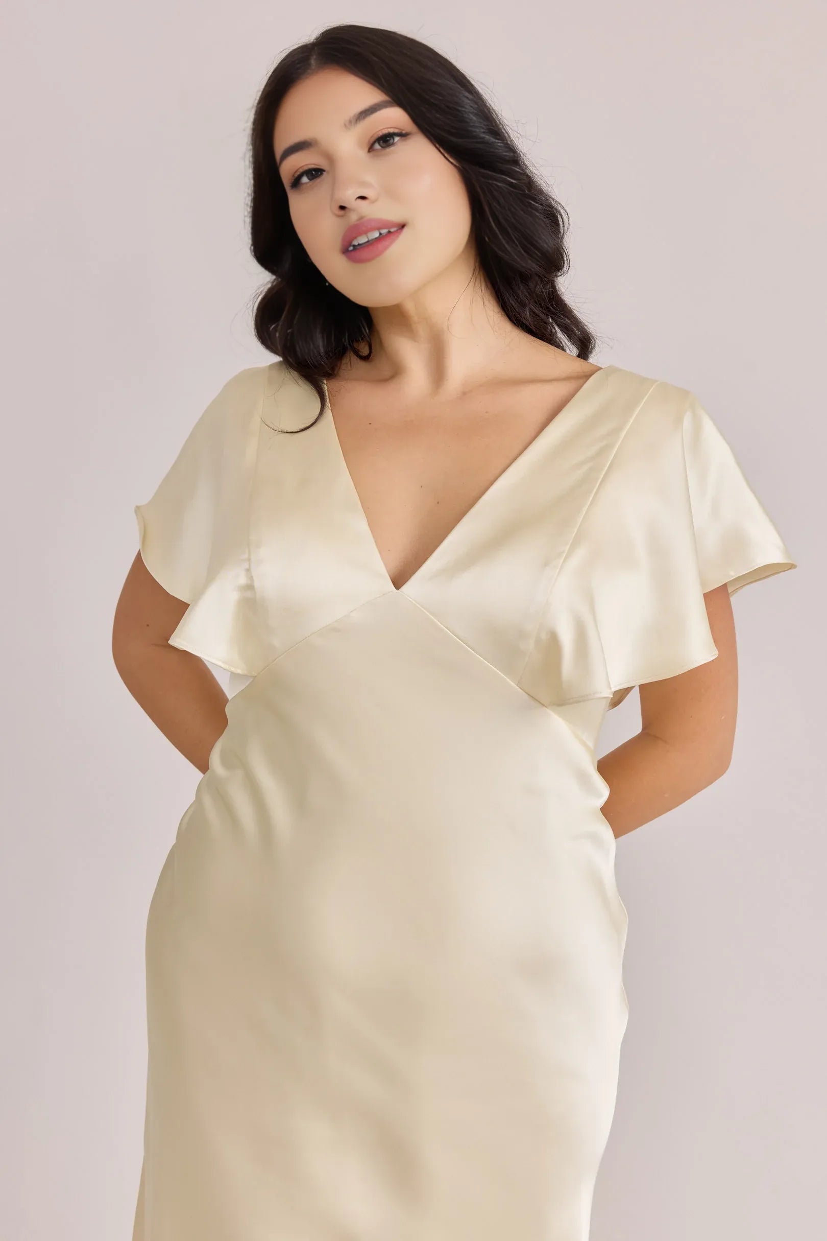 Column V Neck Flutter Sleeve V Back Floor-Length Prom Dress