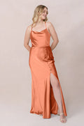 Chic Cowl Neck Cross-Back Spaghetti Strap Button-Detail High Slit Mermaid Floor-Length Bridesmaid Dress