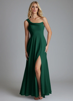 Chic Flowy One-Shoulder Draped Back Sleeveless Side Slit Floor-Length Bridesmaid Dress