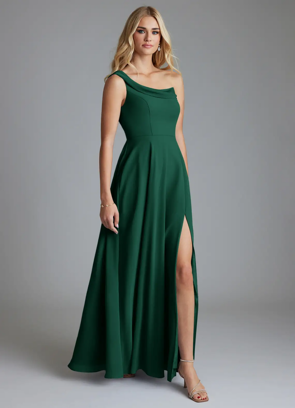 Chic Flowy One-Shoulder Draped Back Sleeveless Side Slit Floor-Length Bridesmaid Dress