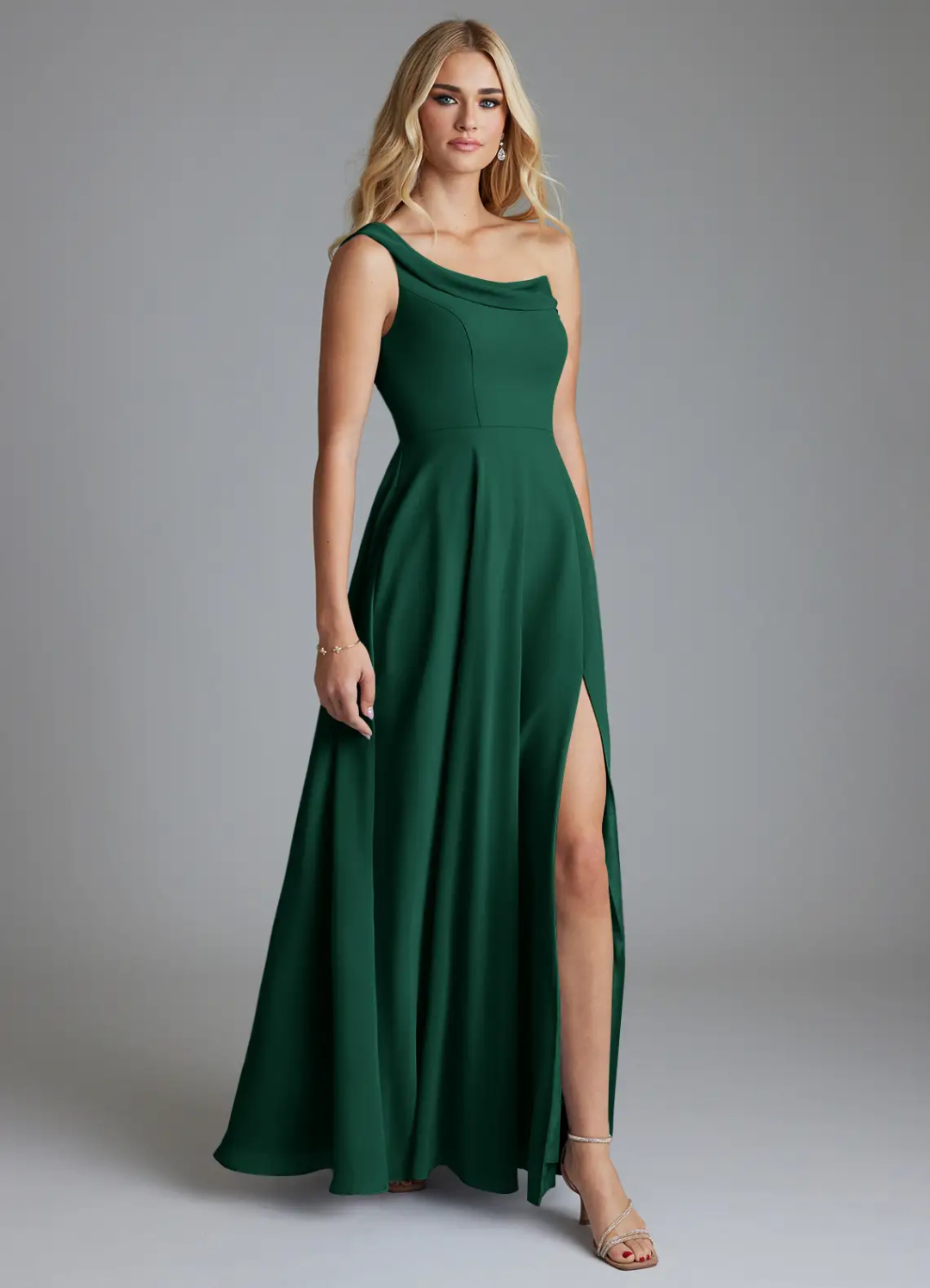 Chic Flowy One-Shoulder Draped Back Sleeveless Side Slit Floor-Length Bridesmaid Dress