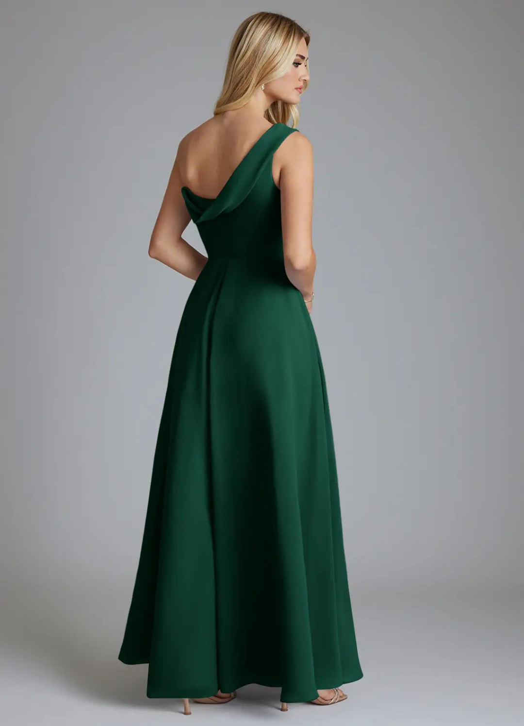 Chic Flowy One-Shoulder Draped Back Sleeveless Side Slit Floor-Length Bridesmaid Dress