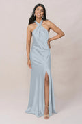 Chic Halter Neck Satin Mermaid Bridesmaid Dress with Tie Back & High Slit in Sky Blue