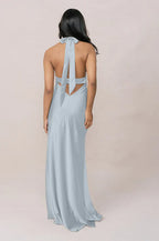 Chic Halter Neck Satin Mermaid Bridesmaid Dress with Tie Back & High Slit in Sky Blue
