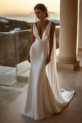 Mermaid Deep V Neck Sleeveless V Back Chapel Train Wedding Dress