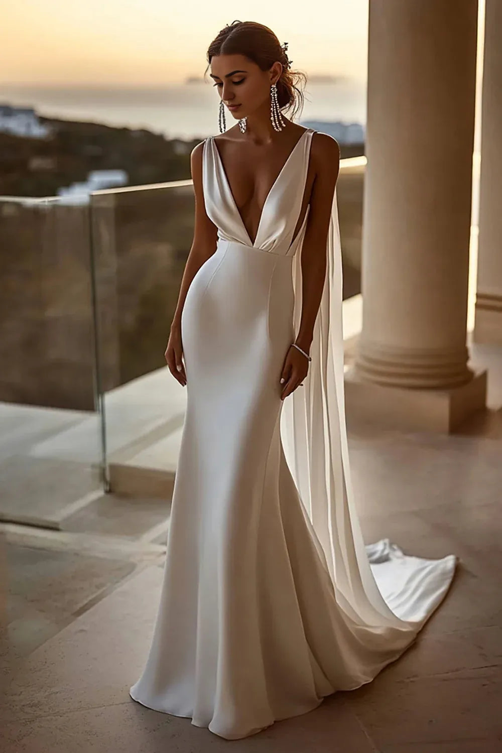 Mermaid Deep V Neck Sleeveless V Back Chapel Train Wedding Dress