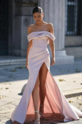 Mermaid Prom Dress With Corset Bodice And High Slit Satin Blush Pink Train For Elegant Prom Night