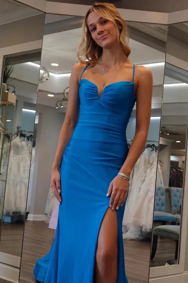 Mermaid Spaghetti Strap Lace-up Slit Prom Gown