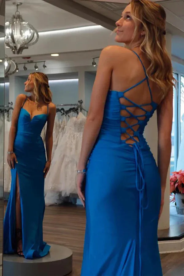 Mermaid Spaghetti Strap Lace-up Slit Prom Gown