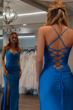 Mermaid Spaghetti Strap Lace-up Slit Prom Gown