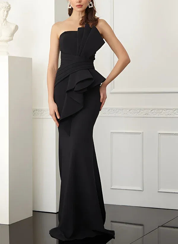 Mermaid Strapless Black Floor Length Evening Dress With Ruched Ruffle Waist For Women Chic Glam Gown