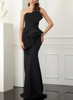 Mermaid Strapless Black Floor Length Evening Dress With Ruched Ruffle Waist For Women Chic Glam Gown