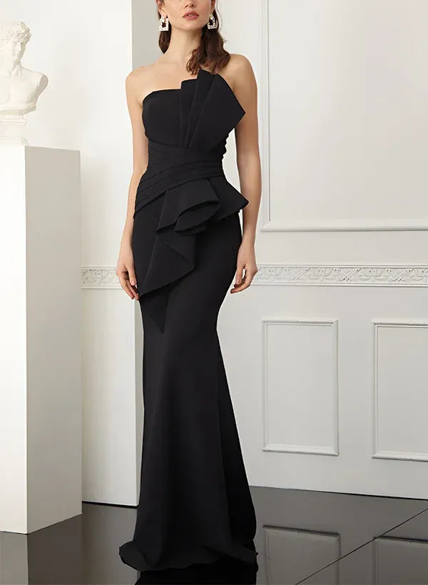 Mermaid Strapless Black Floor Length Evening Dress With Ruched Ruffle Waist For Women Chic Glam Gown