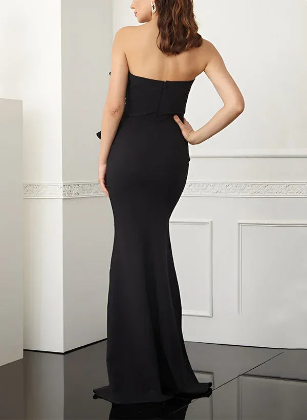 Mermaid Strapless Black Floor Length Evening Dress With Ruched Ruffle Waist For Women Chic Glam Gown