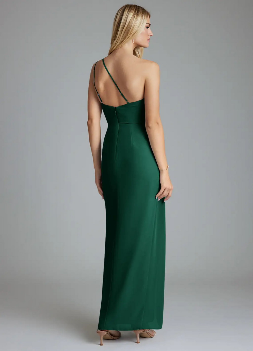 Chic One-Shoulder Ruched Waist High Slit Adjustable Strap Open Back Floor-Length Bridesmaid Dress