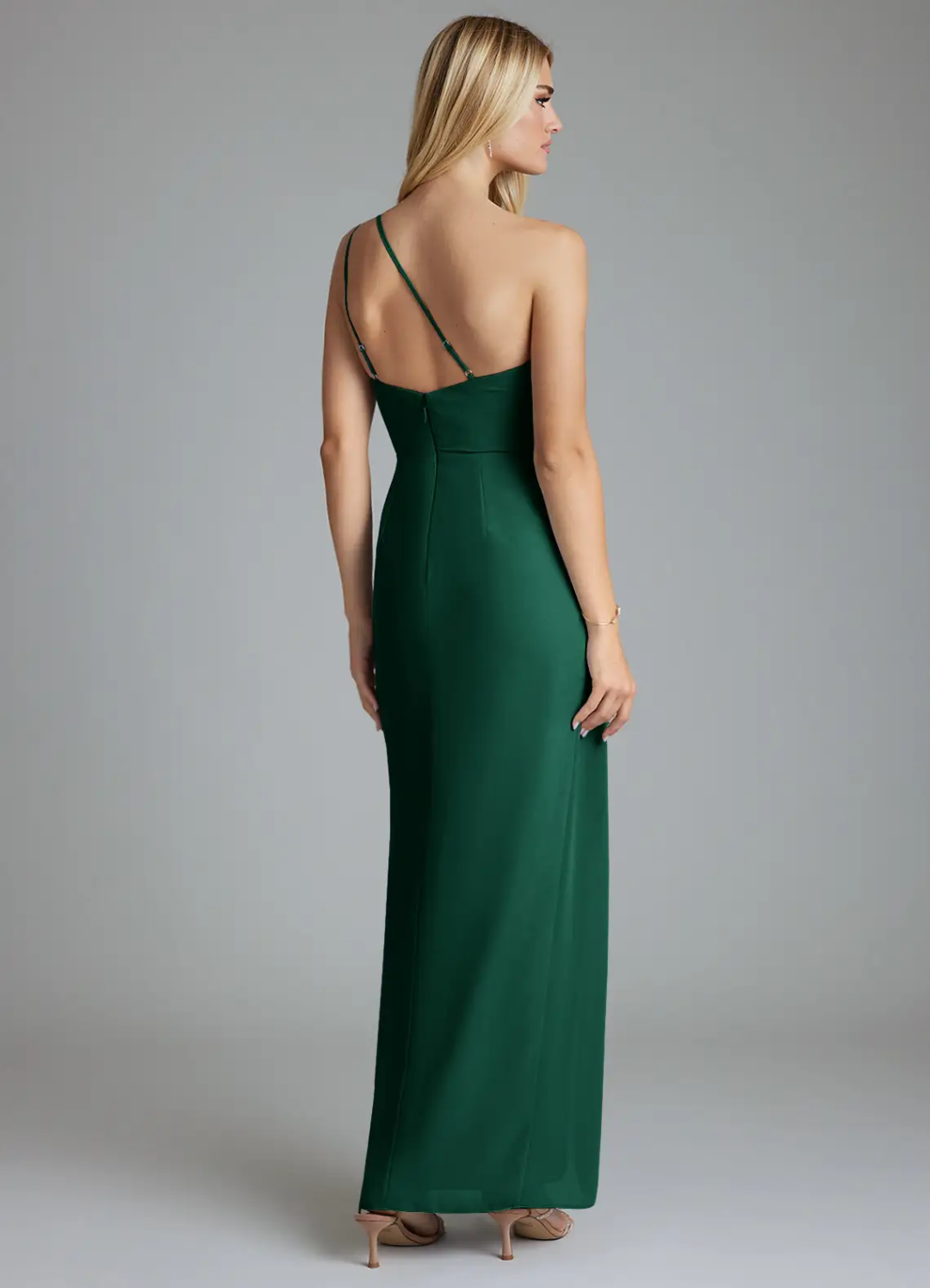 Chic One-Shoulder Ruched Waist High Slit Adjustable Strap Open Back Floor-Length Bridesmaid Dress