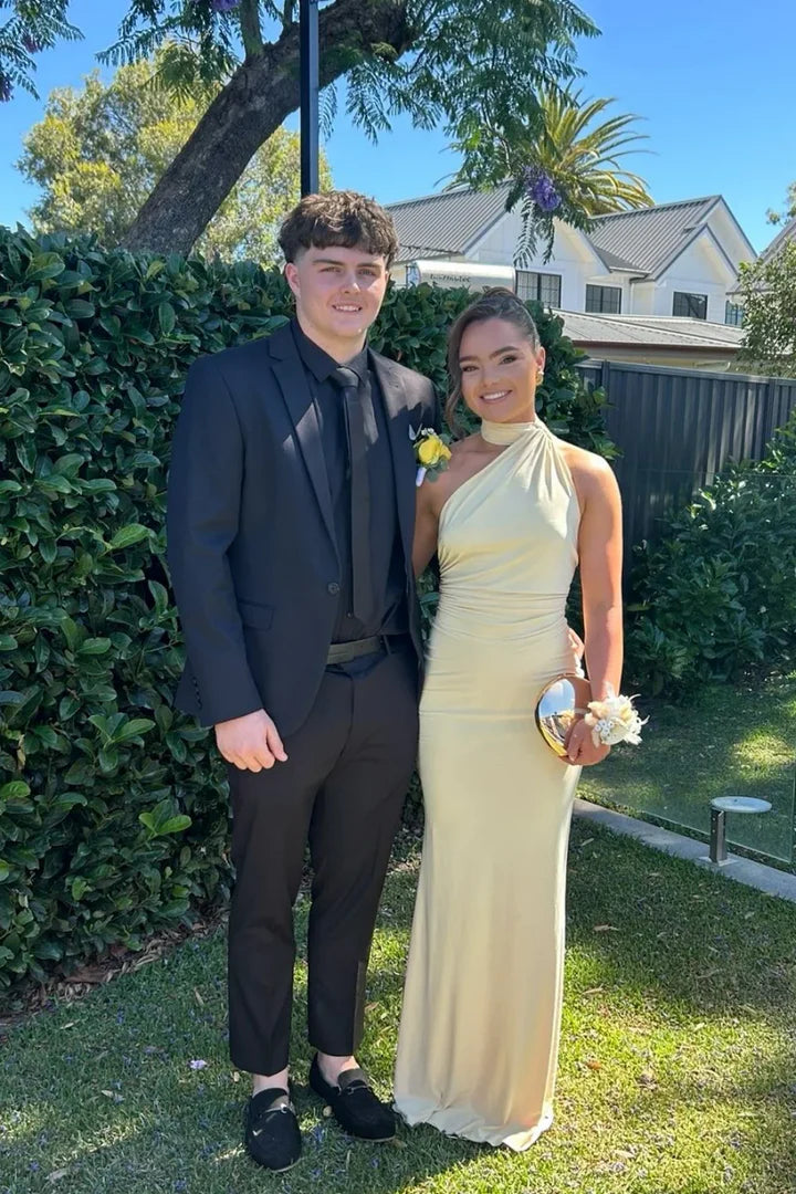 Pale Yellow One-Shoulder High-Neck Mermaid Floor-Length Prom Dress with Cutout Back