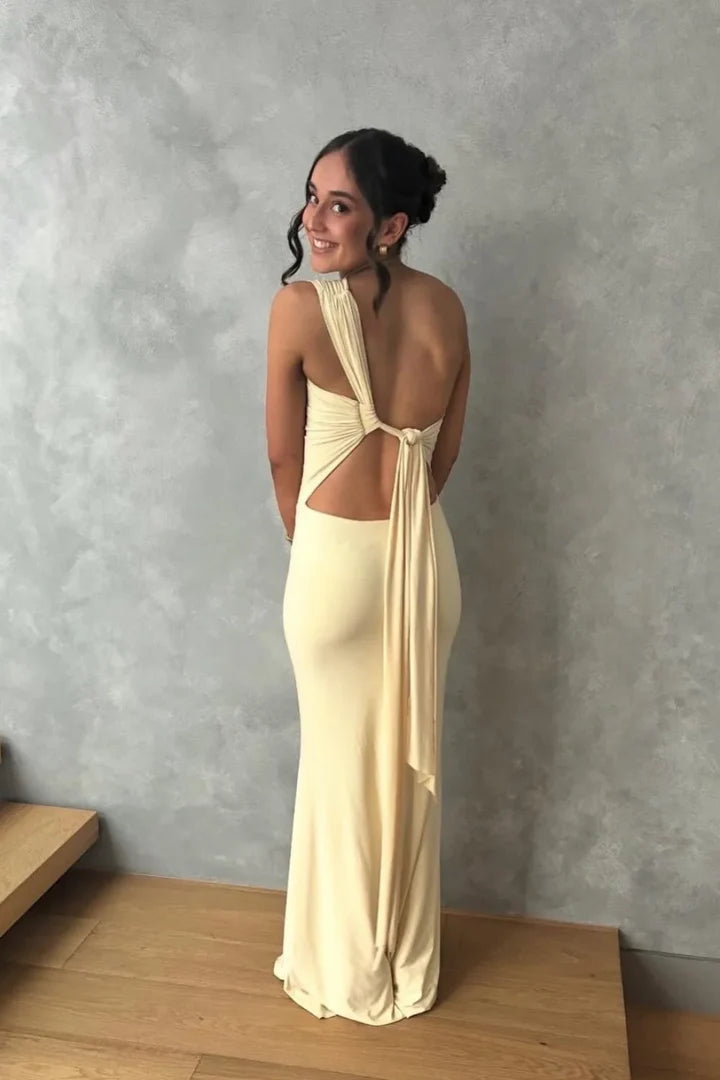 Pale Yellow One-Shoulder High-Neck Mermaid Floor-Length Prom Dress with Cutout Back