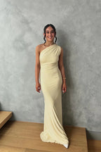 Pale Yellow One-Shoulder High-Neck Mermaid Floor-Length Prom Dress with Cutout Back