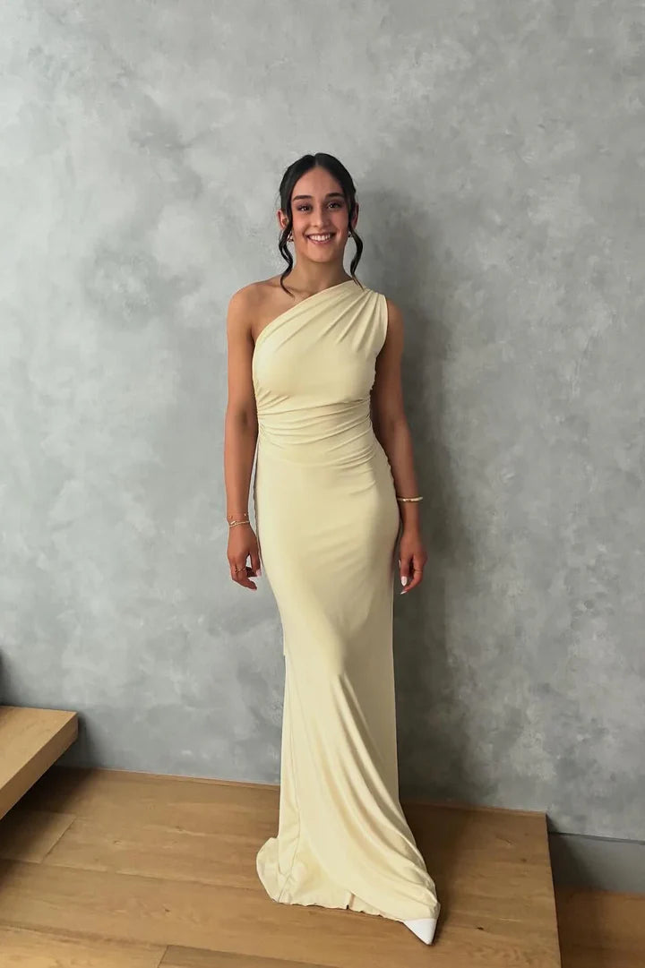 Pale Yellow One-Shoulder High-Neck Mermaid Floor-Length Prom Dress with Cutout Back