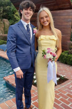 Pale Yellow Strapless Bow-Front Column Floor-Length Prom Dress