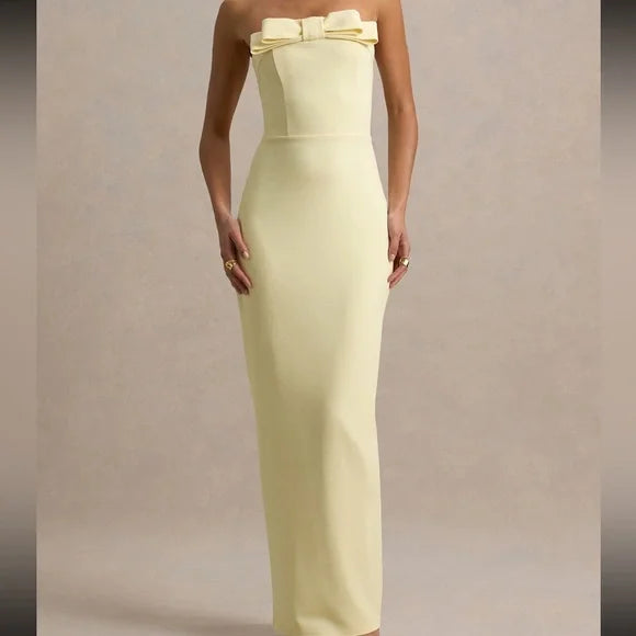 Pale Yellow Strapless Bow-Front Column Floor-Length Prom Dress
