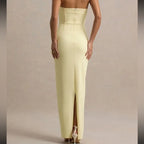 Pale Yellow Strapless Bow-Front Column Floor-Length Prom Dress